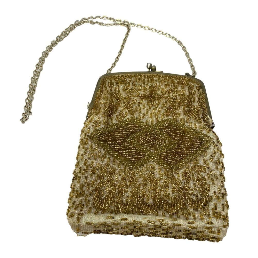 Vintage Walborg 60s Gold Hand Beaded Evening Bag Chain Strap Kiss Lock